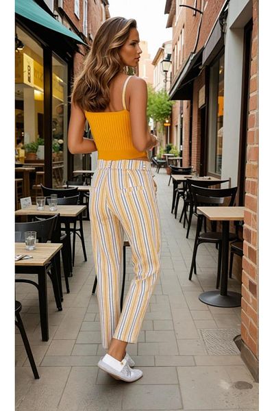 Pasaklı Giyim Women's Slim Fit Linen Striped Pocket Carrot Pants Mustard 3394210