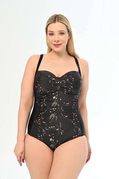 AQUAVİVA Aquaviva Women's Black Flower Pattern Plus Size Daria Collector Drape Detailed Swimsuit
