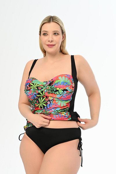 AQUAVİVA Aquaviva Women's - Large Size Black Green Tankini with Messina Pattern and Gathering