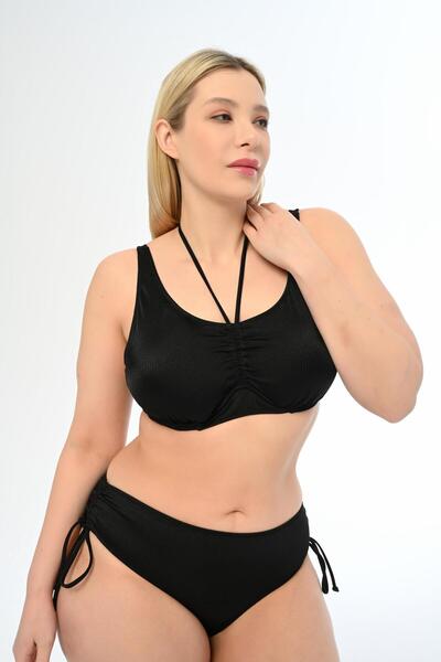 AQUAVİVA Aquaviva Women's Black Striped Plus Size Azura Gathering Sliding Bikini Set