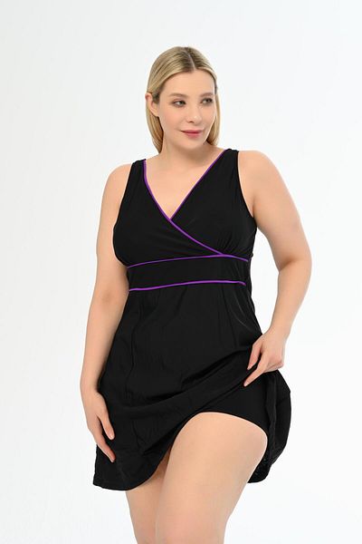AQUAVİVA Aquaviva Women's Black-purple Plus Size Alesta Shorts Dress Swimsuit