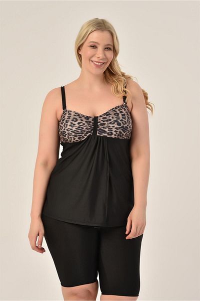 AQUAVİVA Aquaviva Women's Large Size Black Thick Leopard Pattern Gathering Double Breasted Detailed Tankini with Shorts