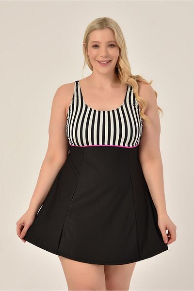 AQUAVİVA Aquaviva Women's Large Size Black Thin Striped Recovery Strap Adjustment Strap Stylish Dress Swimsuit