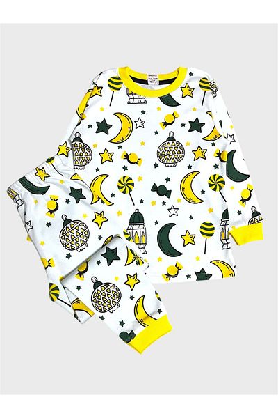 elmas kids Set de pijamale cu mânecă lungă pentru băiat, 100% bumbac, alb, cu tematică Ramadan, cu model de stele și lună