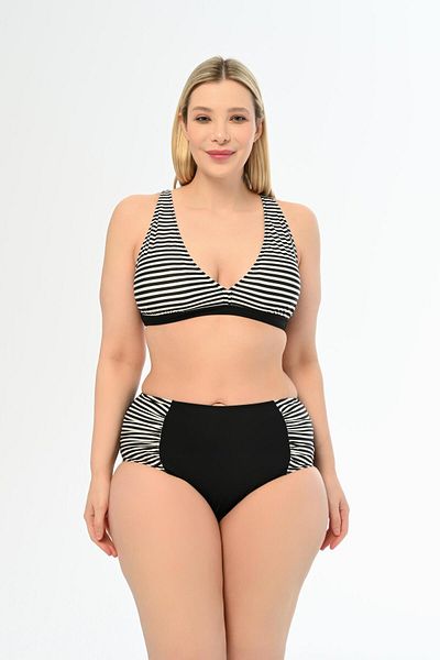 AQUAVİVA Aquaviva Women's Black Thin Striped Plus Size High Waist Butterfly Bikini Set