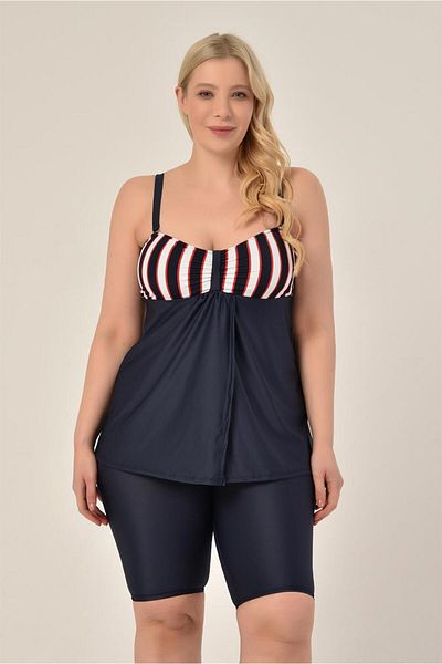 AQUAVİVA Aquaviva Women's Large Size Navy Blue Striped Gathering Double Breasted Detailed Tankini with Shorts