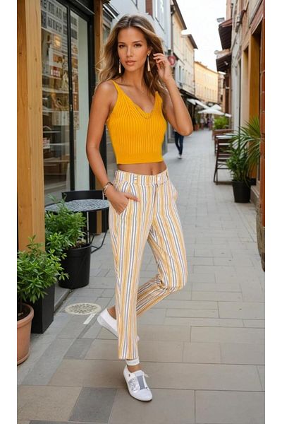 Pasaklı Giyim Women's Slim Fit Linen Striped Pocket Carrot Pants Mustard 3394210