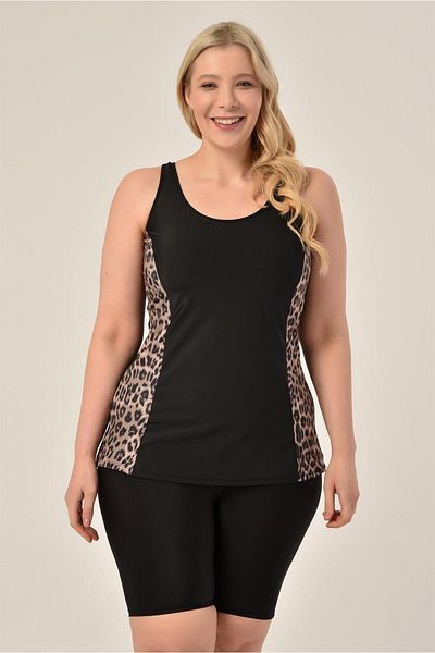 AQUAVİVA Aquaviva Women's Black Thick Leopard Pattern Large Size Tankini with Shorts