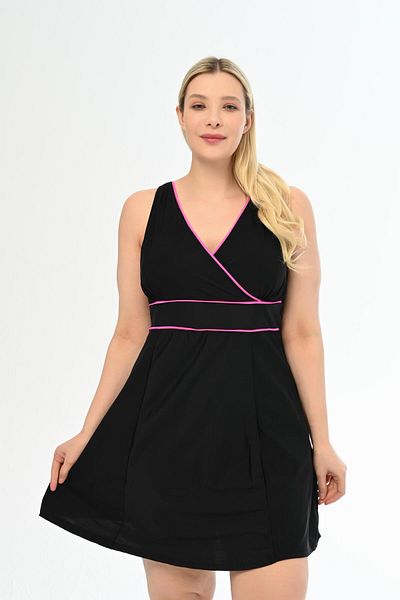 AQUAVİVA Aquaviva Women's Black-fuchsia Large Size Alesta Dress with Shorts Swimsuit
