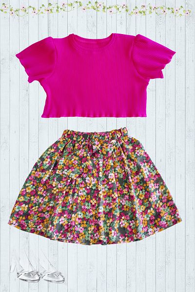 MODA59 Children's Crop and Skirt Set Cotton Corded Fuchsia Color Crop Floral Cotton Skirt