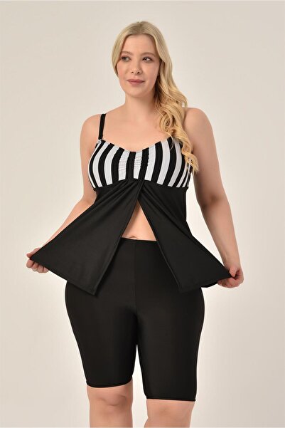 AQUAVİVA Aquaviva Women's Large Size Black Thick Striped Gathering Double Breasted Detailed Tankini with Shorts