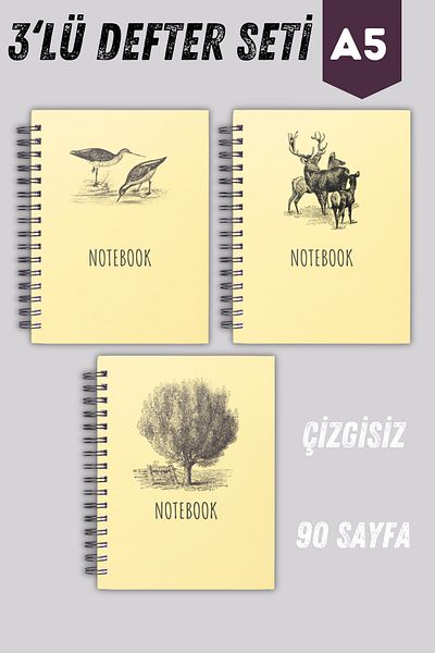 pcpapiruscraft Spiral Notebook |   3 Pieces |   Unlined |   A5 |   Steel Spiral |   90 Sheets |   45 Sheets - Cardboard Cover