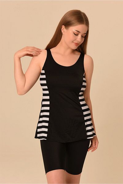 AQUAVİVA Aquaviva Women's Black Striped Large Size Tankini with Shorts