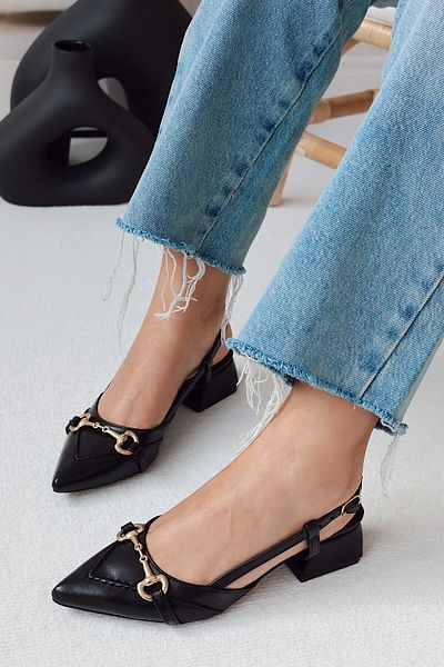 POLKA STORE Madame Saddler Stitching Detailed Gold Metal Buckle Matte Leather Pointed Toe Short Block Heeled Women's Shoes