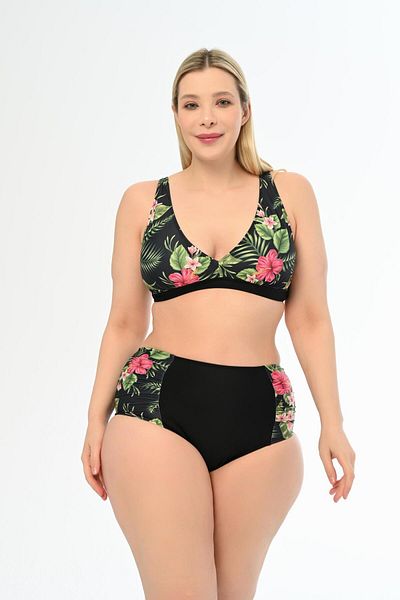 AQUAVİVA Aquaviva Women Black Violet Pattern Plus Size High Waist Butterfly Bikini Set