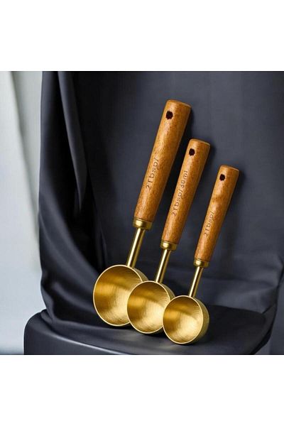Ulus Home 3Pcs Gold Stainless Steel Wooden Handle Measuring Spoon Set Measuring Cup 15ml 30ml 45ml