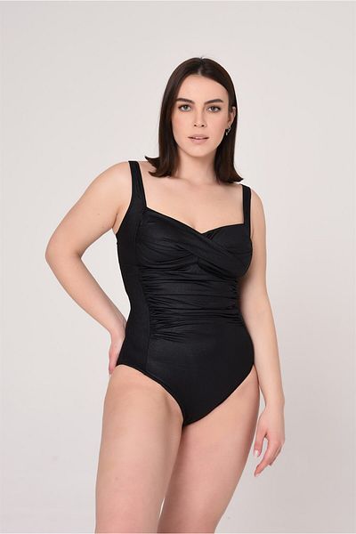 AQUAVİVA Aquaviva Women's Large Size Shiny Black Gathering Drape Detailed Swimsuit