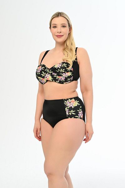 AQUAVİVA Aquaviva Large Size Black Draped Bikini - Lilac Patterned Anjelq Set