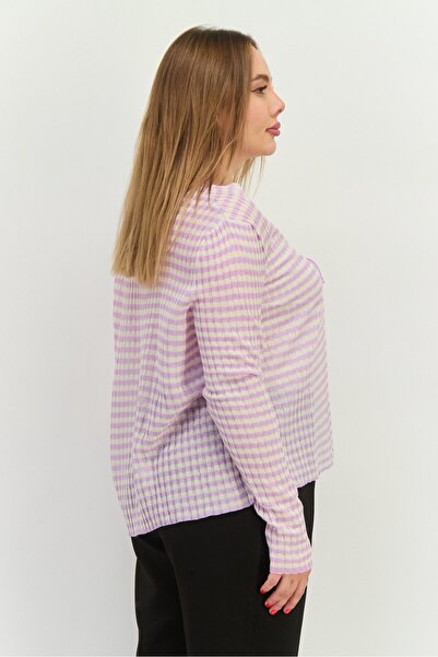 MANGO Woman Women Tie Neck Striped Cardigan, Lavender