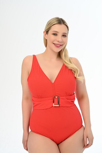 AQUAVİVA Aquaviva Women's Red Large Size Velena Belt Detailed Swimsuit
