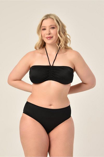 AQUAVİVA Aquaviva Women's Plus Size Striped Black Strapless Halterneck Bikini Set