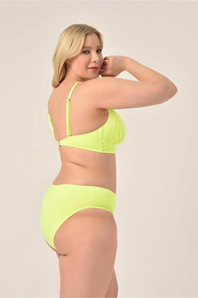 AQUAVİVA Aquaviva Women's Neon Green Large Size Triangle Gathering High Waist Bikini Set