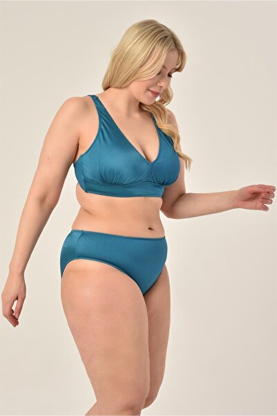 AQUAVİVA Aquaviva Women's Petrol Blue Large Size Triangle Gathering High Waist Bikini Set