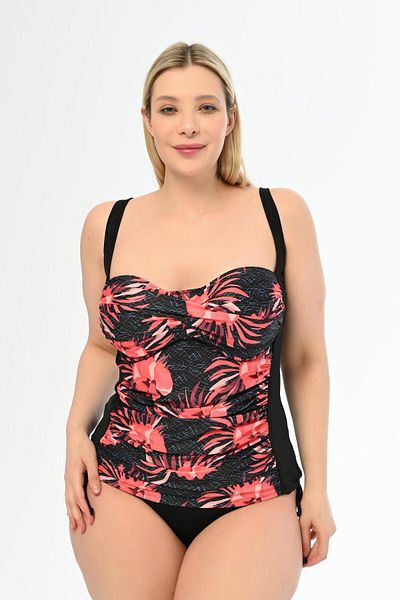 AQUAVİVA Aquaviva Women's - Black Pink Rose Pattern, Gathering Side Sliding Large Size Tankini