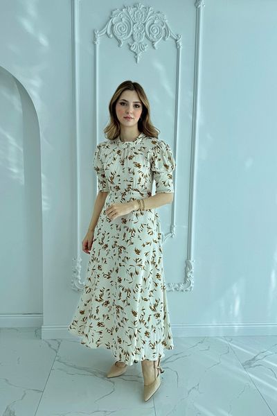 HELİS BUTİK Ecru Brown Patterned Maxi Length Satin Dress with Back Tie Detail