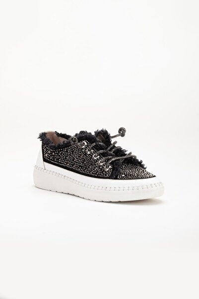 Dilimler Ayakkabı Black Stone Laced Denim Material Sister Piano Shoes