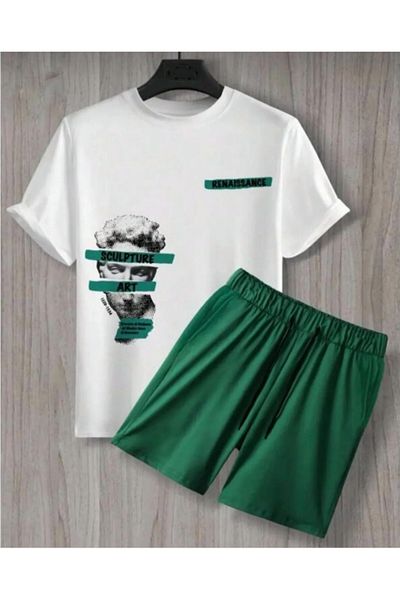 Sky Light Unisex White Printed T-Shirt-Green Shorts-Summer