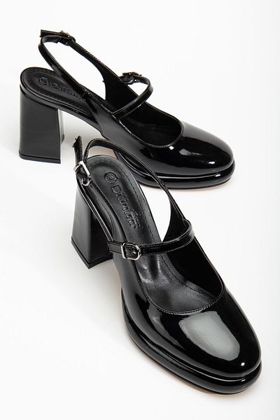 Dilimler Ayakkabı Women's Evening Dress Platform Heeled Shoes Black Patent Leather Round Toe