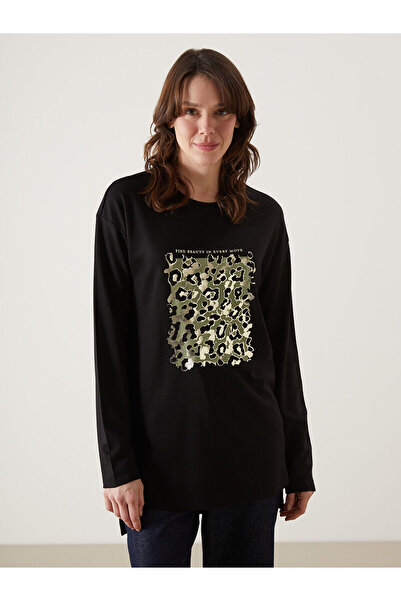 LC Waikiki Black Crew Neck Printed Women's Tunic