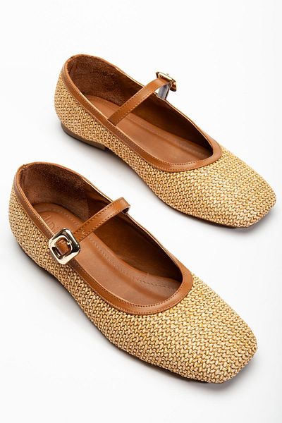 Dilimler Ayakkabı Women's Ballerina Ballerina Tan Straw Detailed Helmet Blunt Toe