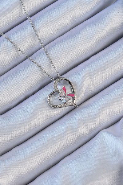 NEZADE STORE 316L Steel Chain Silver Color Enamel Butterfly Figure Zircon Stone Heart Necklace - Lisinya
