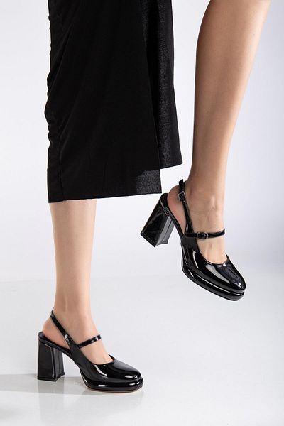 Dilimler Ayakkabı Women's Evening Dress Platform Heeled Shoes Black Patent Leather Round Toe