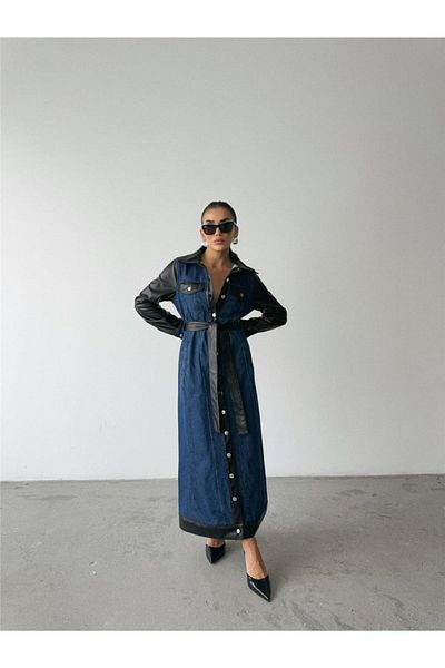 leyla sanat sanata yeni bir bakış açısı Leyla Sanat a New Perspective on Art Denim Dress Long Front Button - Blue