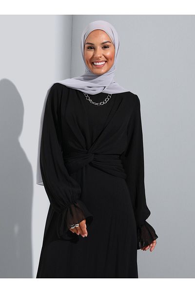 Refka Black Knot Detailed Chiffon Hijab Evening Dress