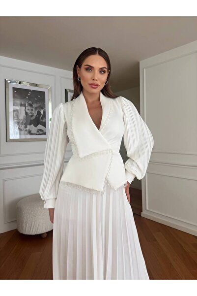 NSHIQ Kadın Piliseli Taş İşlemeli Kol Düğme Detaylı Astarlı Şık Maxi Elbise