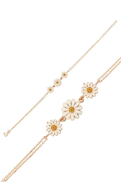 Papatya Silver Üç Papatya Süzme Bileklik Sarı Nano Zirkon Taşlı Mineli 925 Ayar Gümüş.rose.gold.rodaj