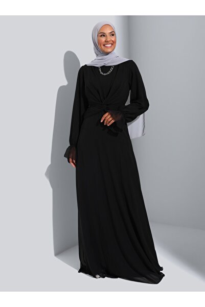 Refka Black Knot Detailed Chiffon Hijab Evening Dress