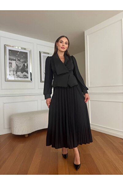 NSHIQ Kadın Piliseli Taş İşlemeli Kol Düğme Detaylı Astarlı Şık Maxi Elbise