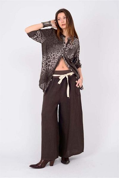 EREN STYLE Italian Corsage Button Detail Authentic Belted Wide Leg Linen Trousers