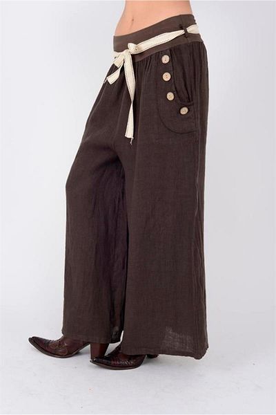 EREN STYLE Italian Corsage Button Detail Authentic Belted Wide Leg Linen Trousers