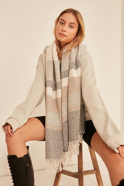 Axesoire 13808 Ecru-anthracite Thick Shoulder Shawl Scarf - Soft Textured Mixed Stripes