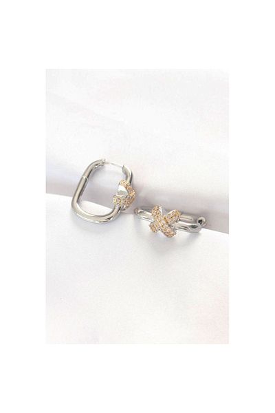 Skygo Brass Double Color Rhinestone X Design Rectangle Earrings - Tj-Bkp8891