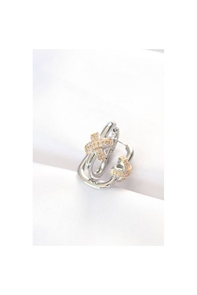 Skygo Brass Double Color Rhinestone X Design Rectangle Earrings - Tj-Bkp8891