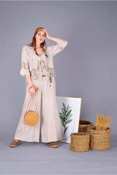 EREN STYLE Italian Corsage Buckle Belted Wide Leg Linen Trousers