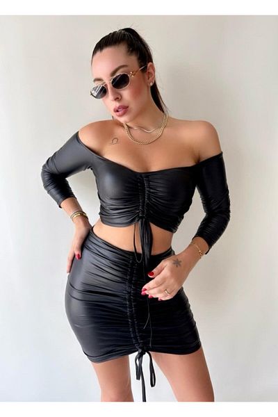 Moka Shopin Mokashopin Women's Gathered Leather Skirt Suit Opportunity Product