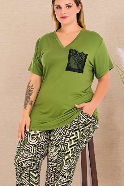 quilling Green Color and Pattern 11002 Short Sleeve Women Plus Size Mother Pajamas Set